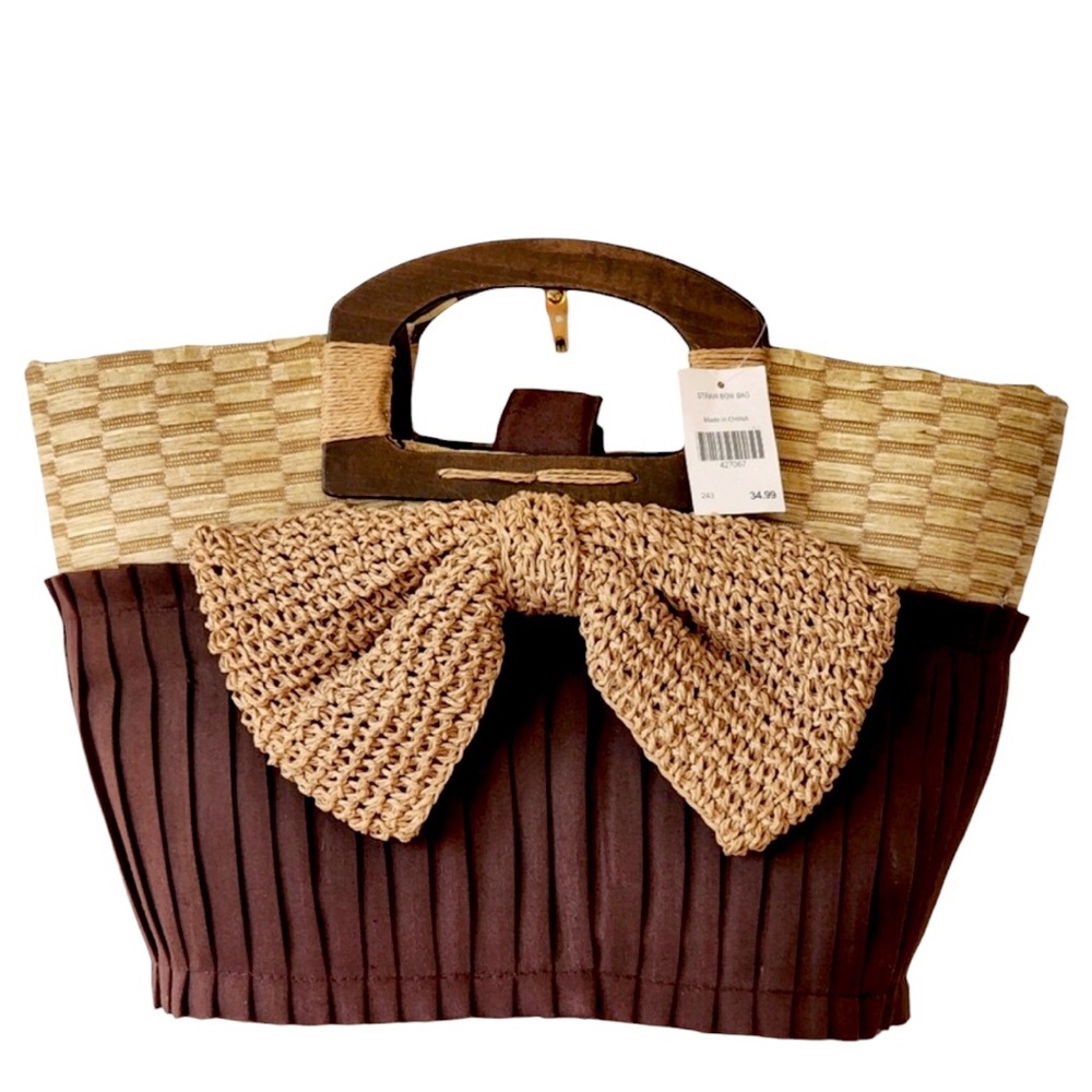 Straw Bow Wood Handles Brown & Natural Color Tote Bag - Picture 2 of 9